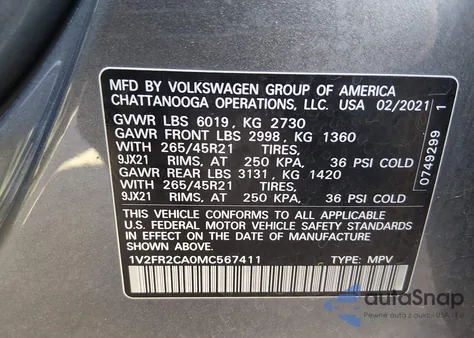 2021 Volkswagen Atlas 3.6L V6 Sel Premium R-Line из США, поврежденный, VIN 1V2FR2CA0MC567411